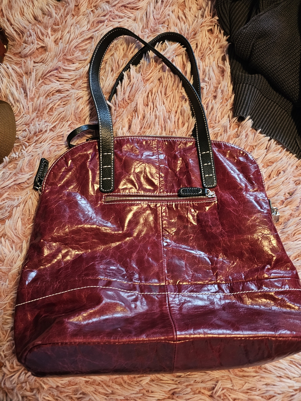 Glossy Patent Satchel in Deep Burgundy with Black Handles